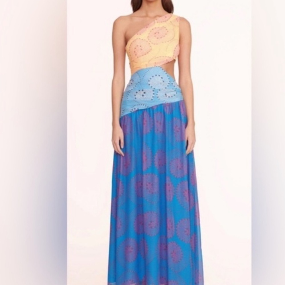 STAUD One-Shoulder Colorblock Cutout Maxi Dress in Yellow, Blue, Purple